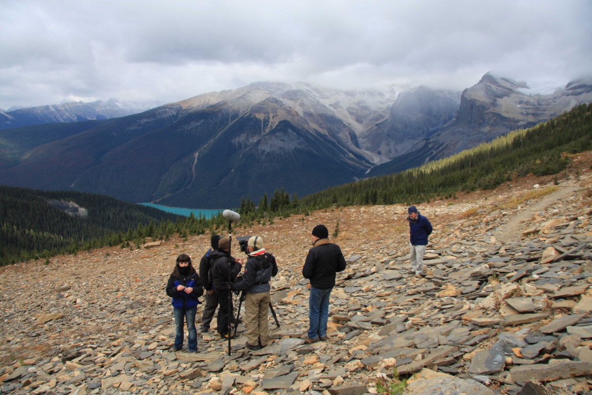 A group of six people standing on rocky terrain overlooking a mountain valley under a cloudy sky.