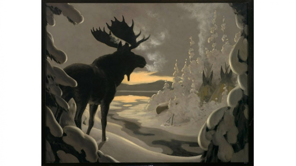 A silhouette of a moose standing in a snowy forest at sunset.