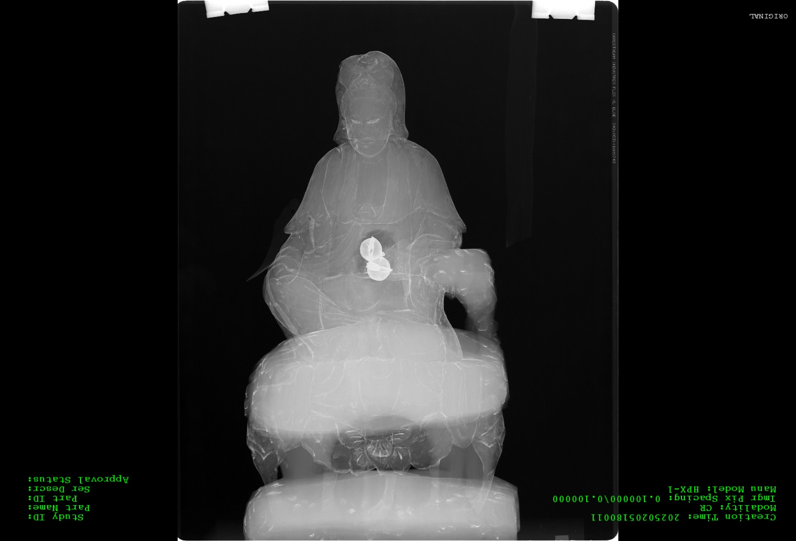 X-ray image of a seated Buddha statue holding a flower in its right hand.