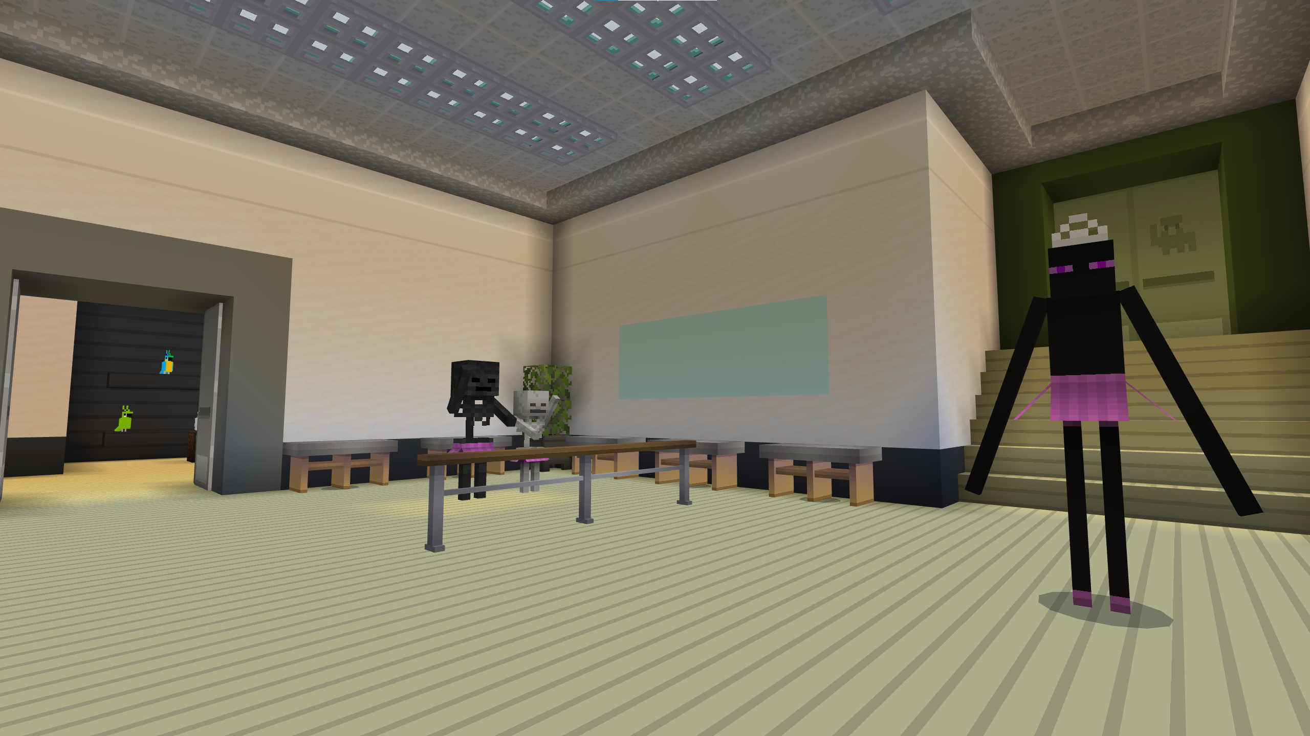 A minecraft screenshot of a tall black endermen and two skeletons in a dance studio, all wearing tutus