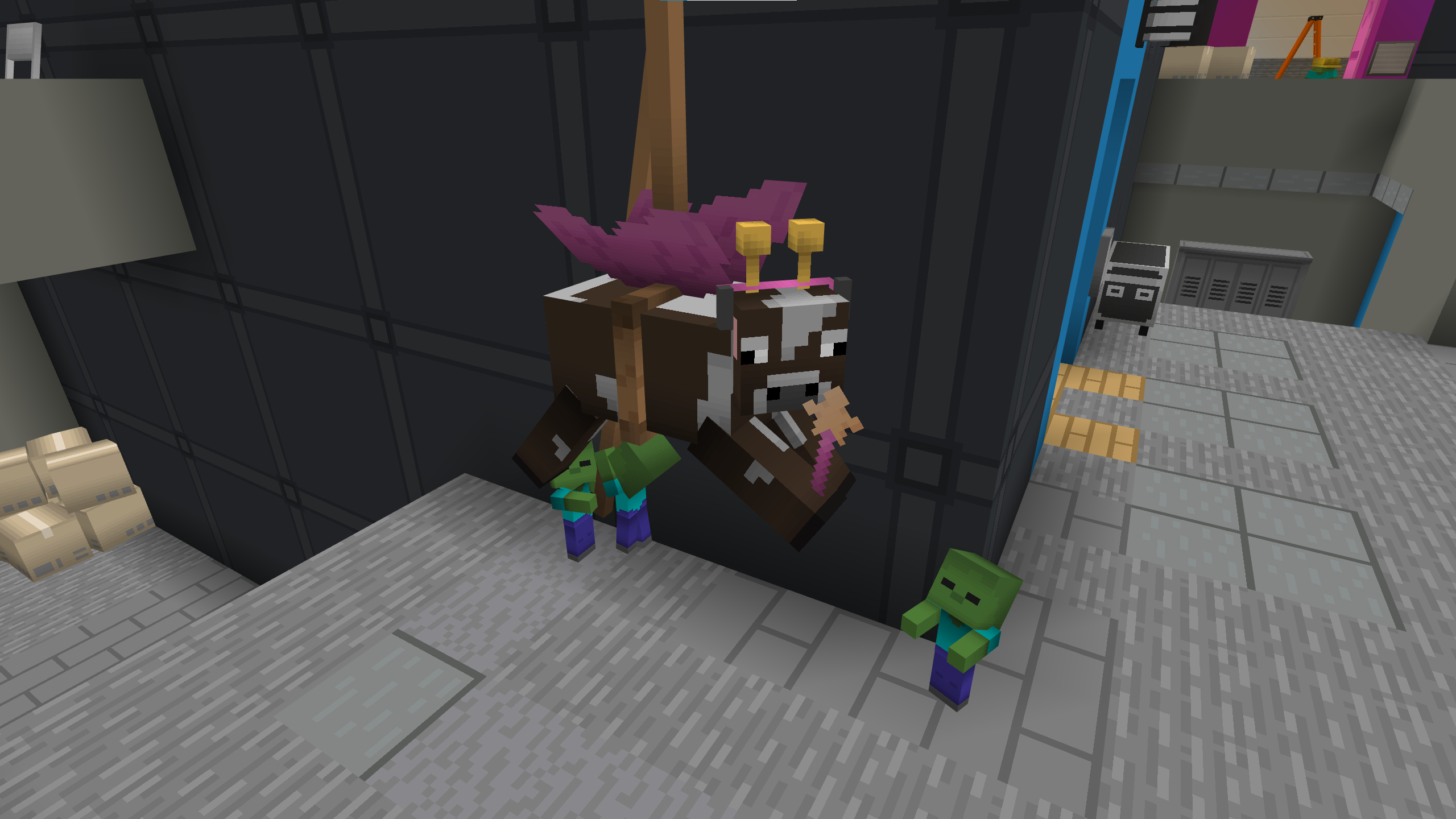 A Minecraft screenshot of several baby zombies struggling to pull a rope to hoist a cow wearing a tutu, wings, and tiara above the stage.