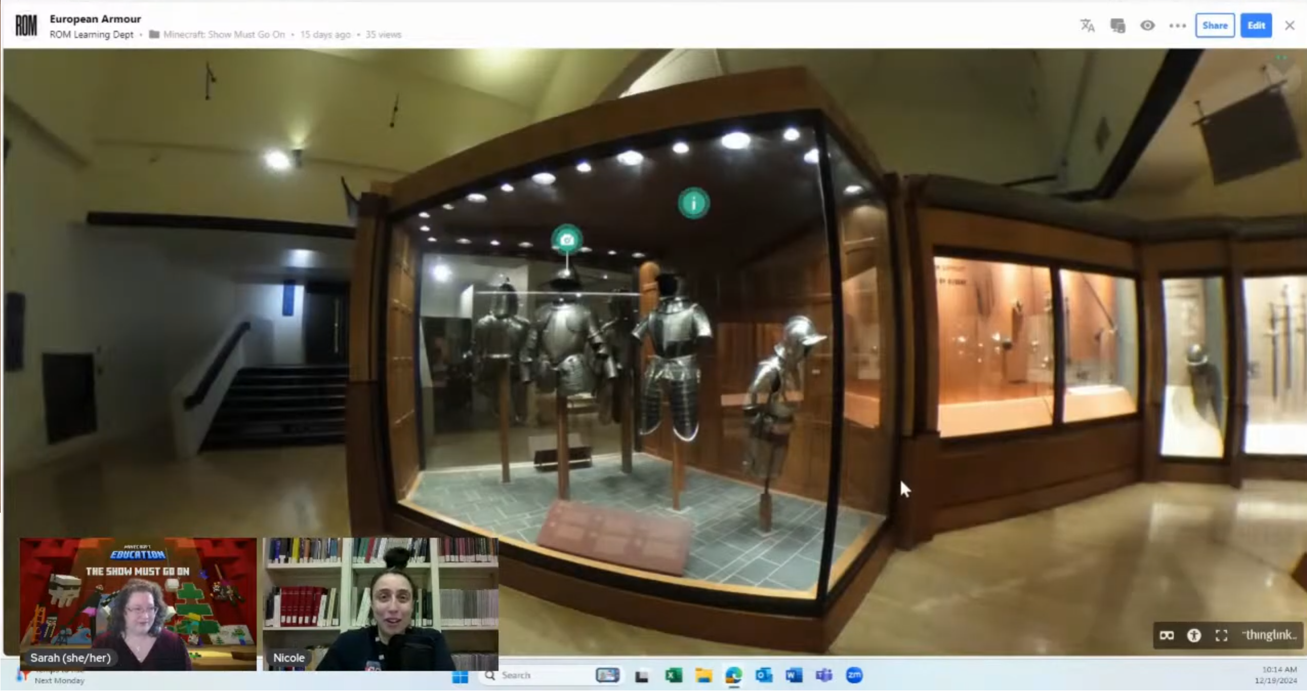 A screenshot of a lesson broadcast. in the bottom right corner are two female presenters. On the main screen is a 360 image of a gallery containing suits of armour.