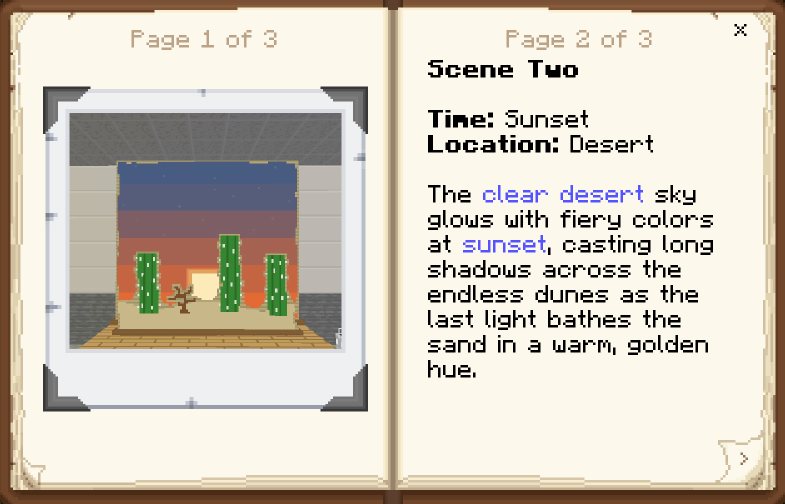 A minecraft screenshot showing a book. On the left page is a polaroid of a painted cardboard set showing a desert, cacti, and a sunset backdrop. On the right is text describing the scene, with key scene elements highlighted in blue