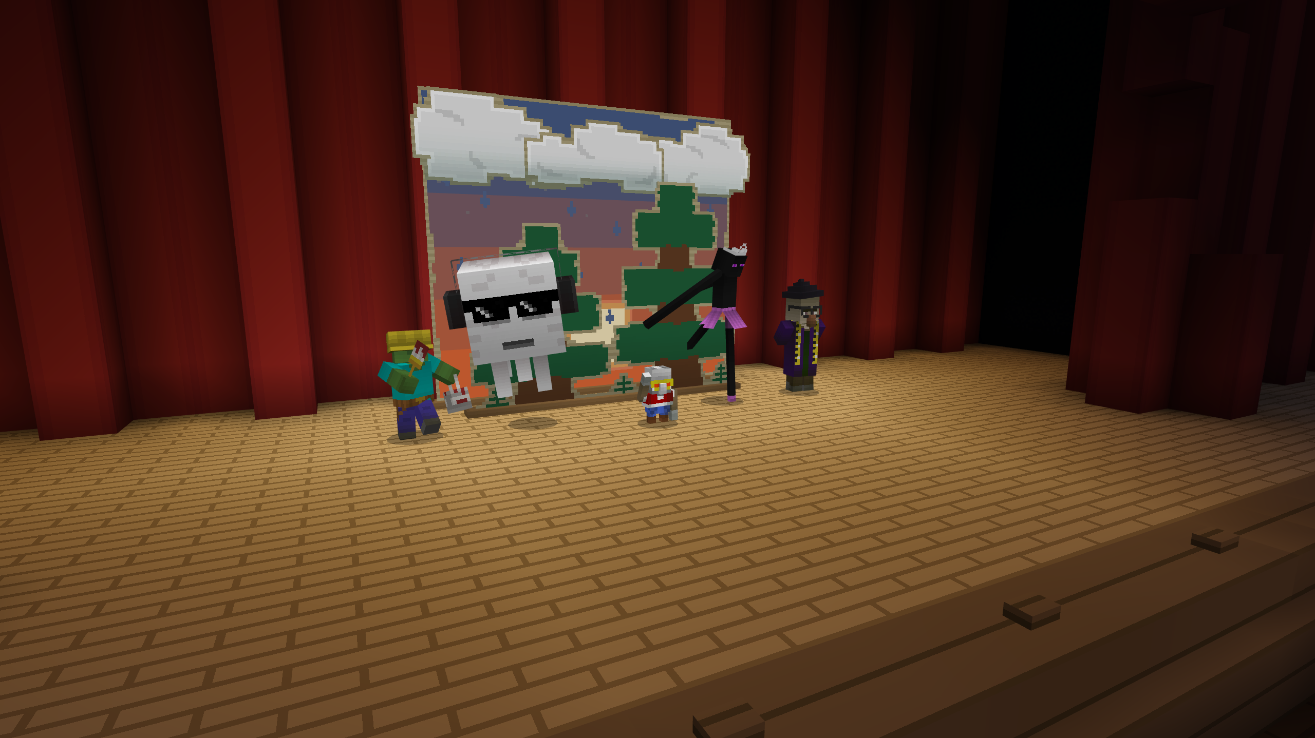 A minecraft screenshot of a small robot standing on a stage, wearing costumes and dancing before a painted backdrop. Acting as backup dancers to the robot are a zombie in a construction helmet, an enderman with a tiara and tutu, a witch with glasses and a measuring tape, and a ghast with sunglasses and headphones.