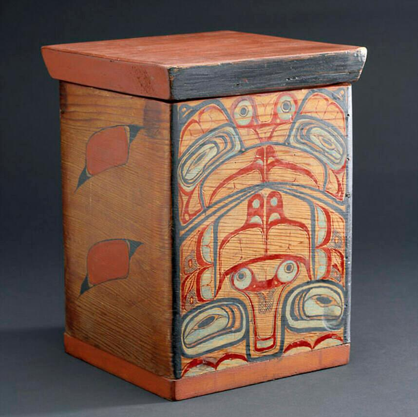Une boîte en bois rouge peinte de motifs rouges, noirs et blancs.