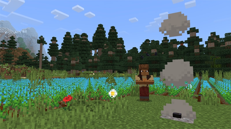 Capture d'écran Minecraft d'un porteur de savoir autochtone debout devant un champ de fleurs bleues.