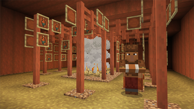 Capture d'écran Minecraft d'un porteur de savoir autochtone dans un fumoir à saumon.