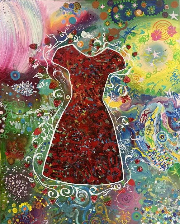 Dessin d'une robe rouge entourée de fraises sur un fond coloré. 