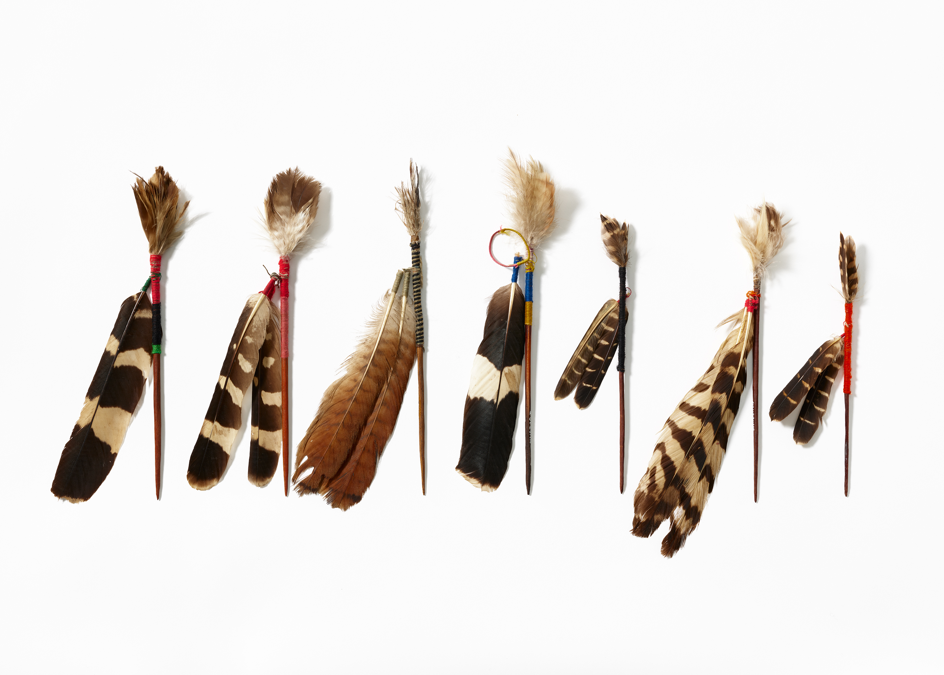 Eight feathers bound with colorful thread, arranged in a row on a white background.