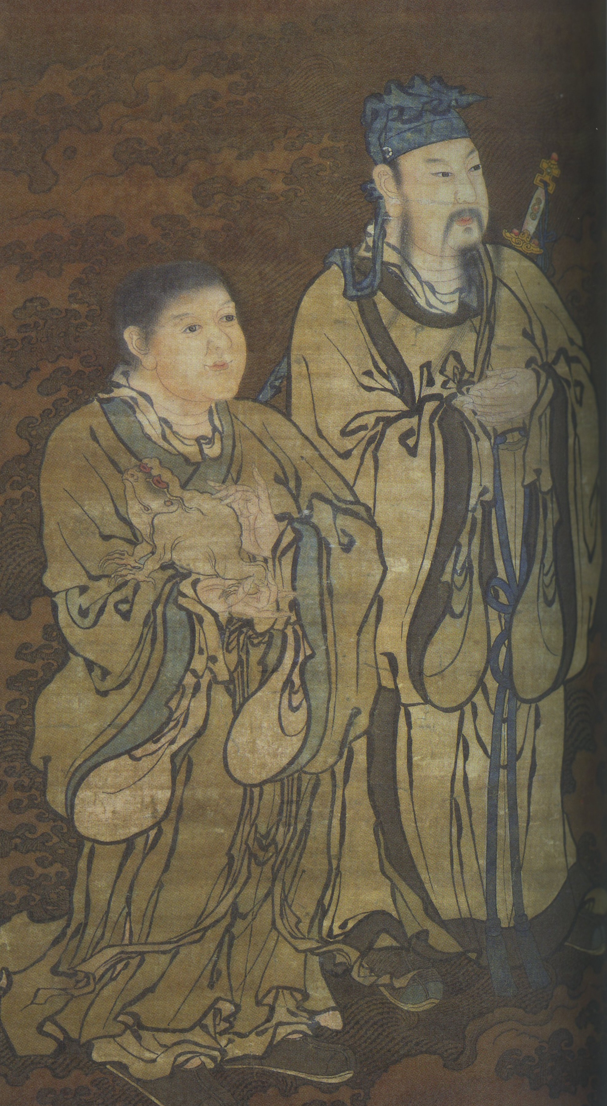 Vertical painting on a textured, brown-toned background showing two robed figures standing