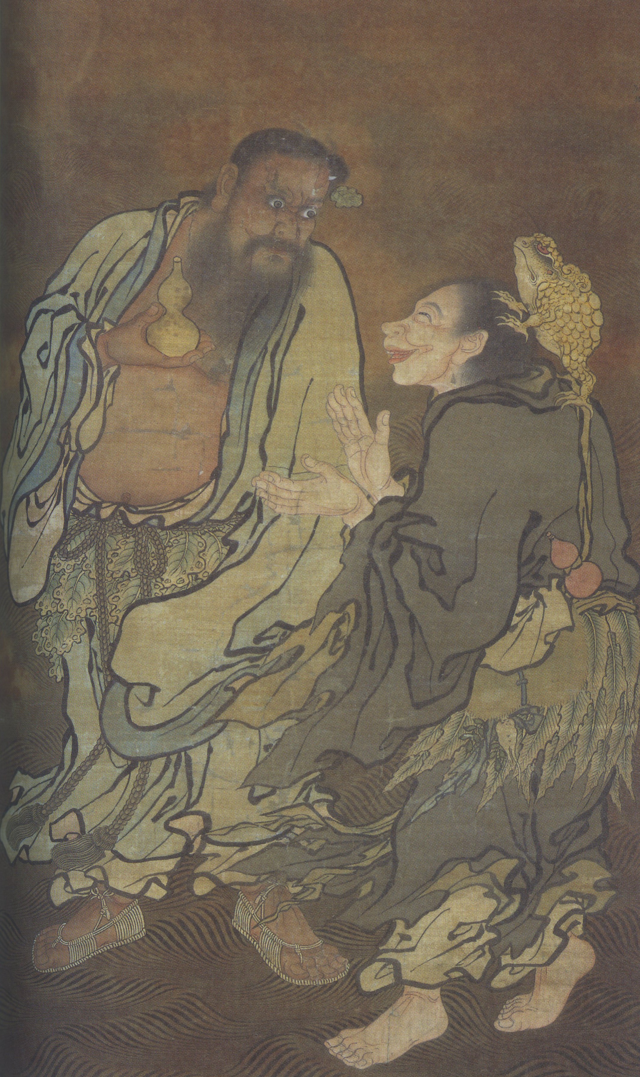 Vertical painting on a textured, brown-toned background showing two robed figures standing 
