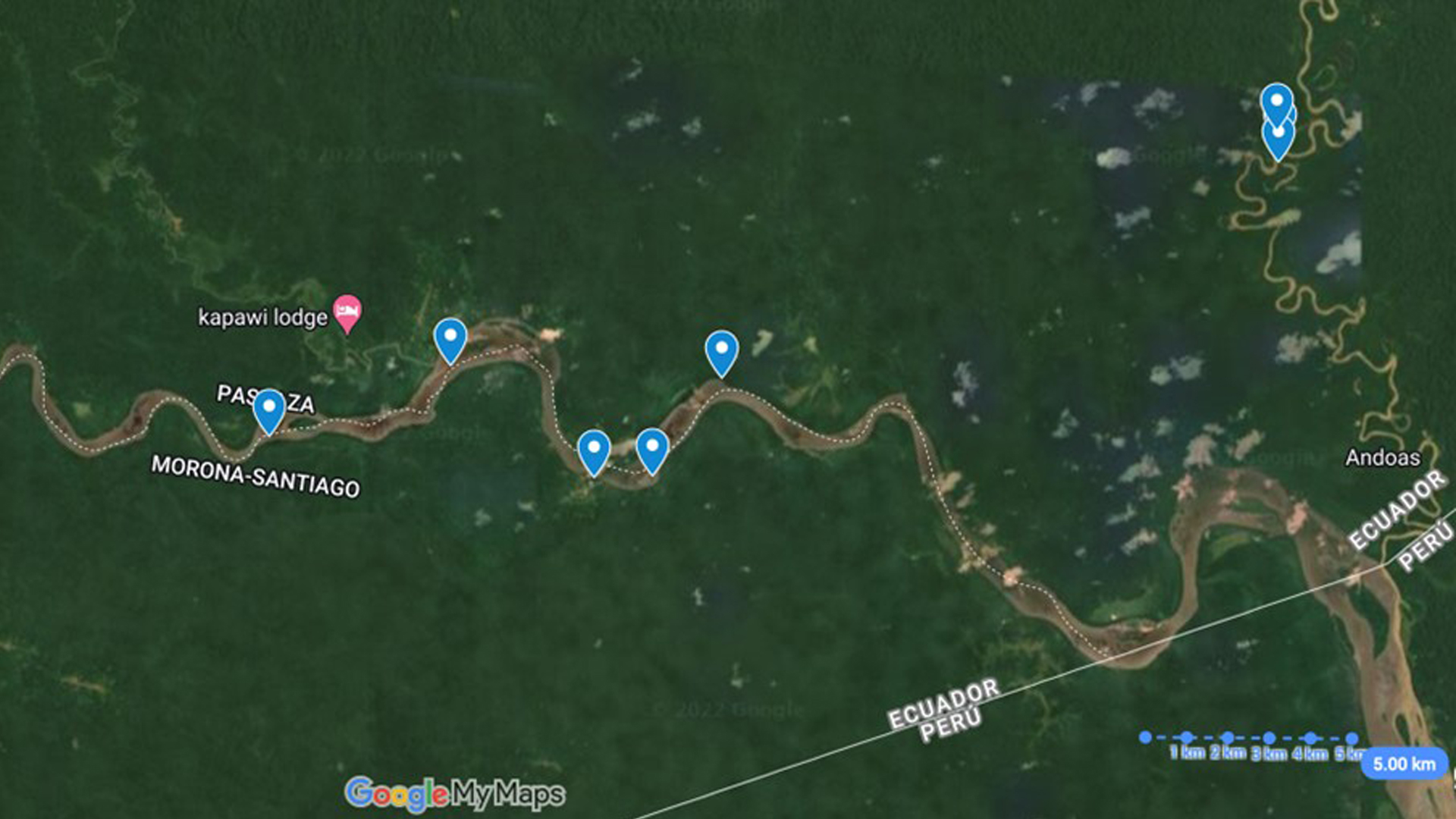 A GoogleEarth satellite view of the team’s various field sites along the Pastaza River.