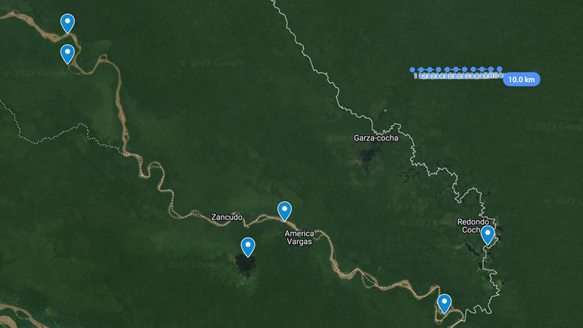 A GoogleEarth satellite view of the team’s various field sites along the Napo and Aguarico river drainages in northern Ecuador.