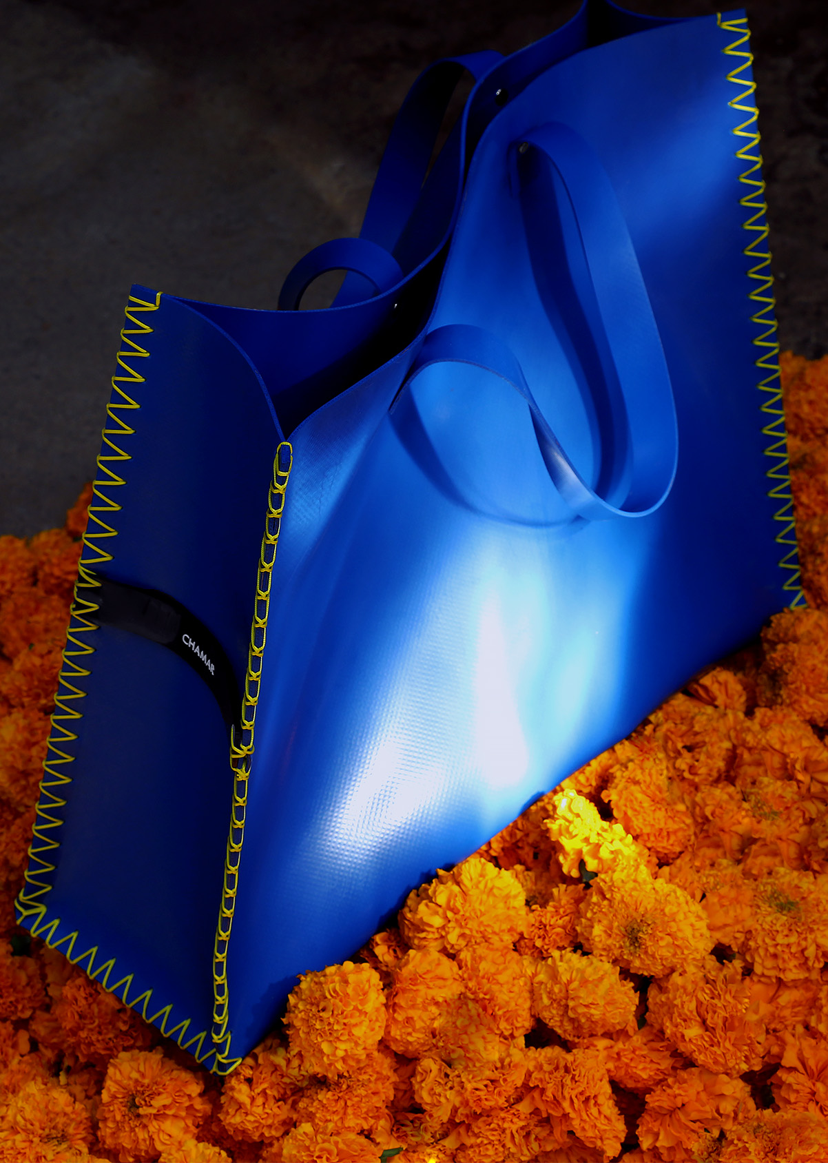 Blue handbag.