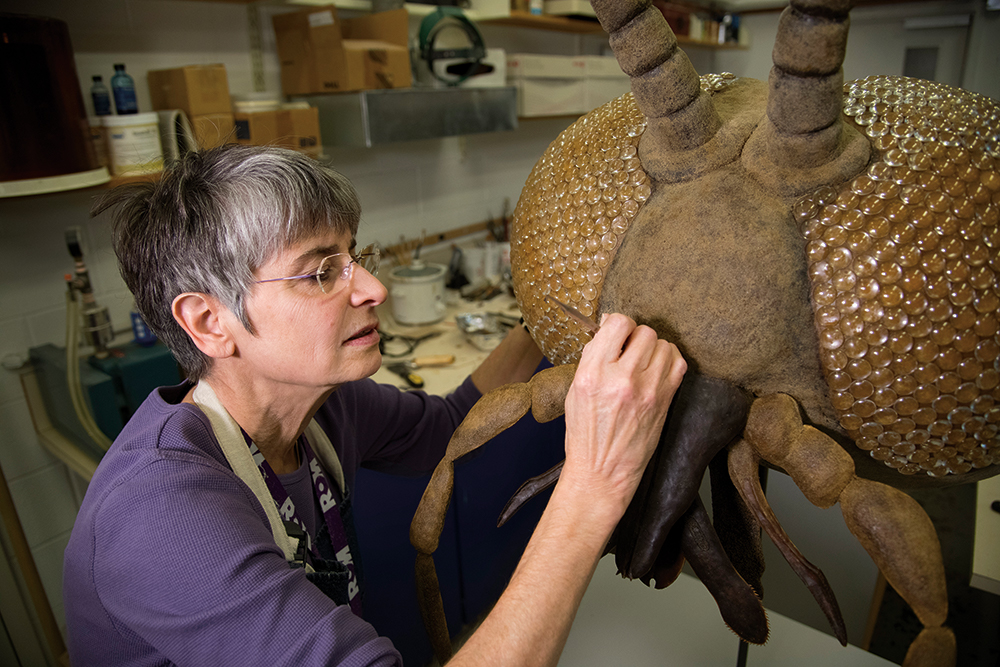 A woman with short gray hair carefully works on a large brown insect model in a workshop.
