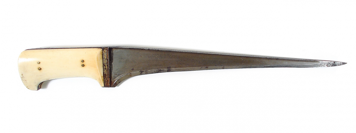 A dagger with a straight, double-edged steel blade and a bone handle.