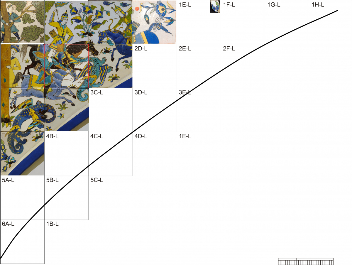 A grid overlay on part of an abstract artwork with blue, beige, white, and gold colors.