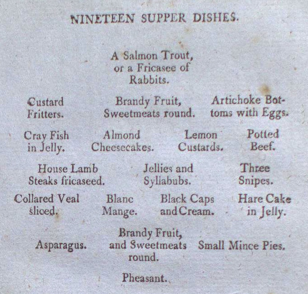 'Bills of Fare' in The Lady's Assistant, 8th ed, by Mrs. Charlotte Mason. London: 1801