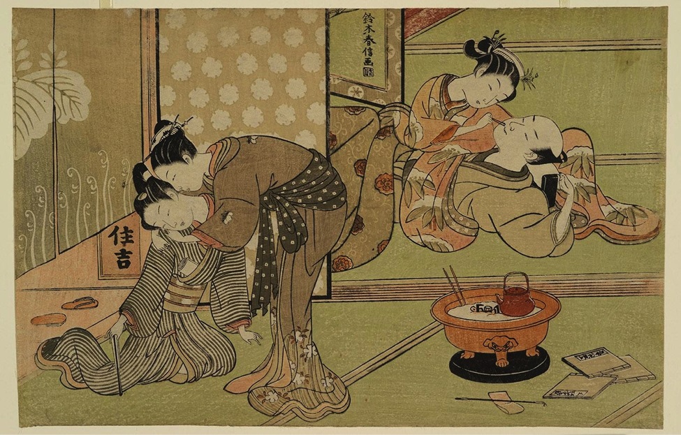 A Japanese-style illustration depicting three women engaged in grooming and dressing activities.