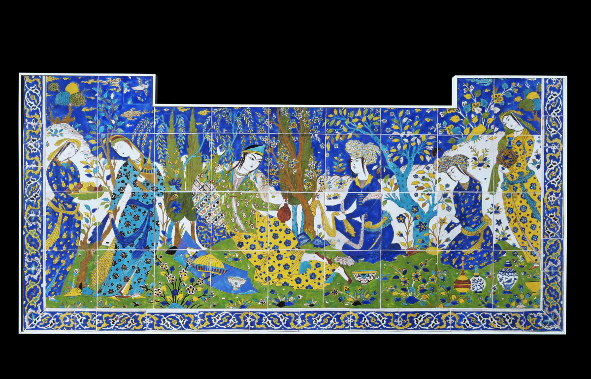 Large rectangular decorative panel with intricate blue, gold, green, and white patterns and stylized human and animal figures.