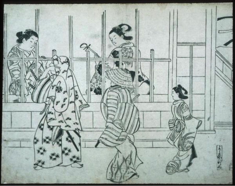 Black and white Japanese-style illustration of a family group with adults and children in traditional clothing near a building with vertical wooden bars.