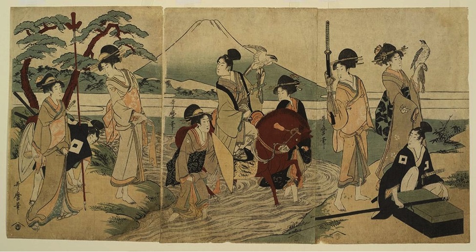 Seven people in traditional Japanese clothing standing and sitting near water with trees and hills in the background.