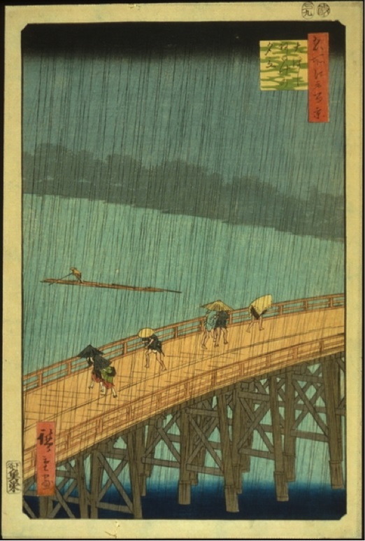 No visible text to extract; image shows a wooden bridge over water with four people walking on it under rain.