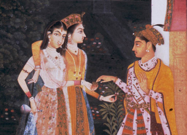 Two women dressed in traditional Mughal attire offer a small black goat to a man in regal yellow and gold clothing and a jeweled turban.