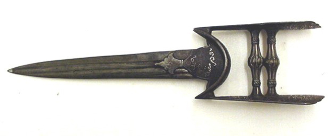 A double-edged dagger with a wide guard featuring three parallel bars and a decorative emblem near the blade.