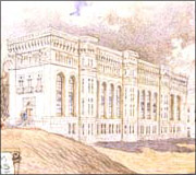 Historic architectural drawing of a grand, multi-story classical building with tall windows and decorative roofline details.