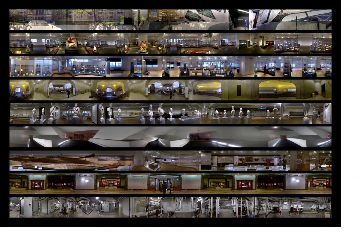 A panorama view of multiple museum exhibit galleries showing artifacts and displays arranged in rows across different floors.