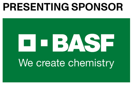 PRESENTING SPONSOR BASF We create chemistry on a green rectangular background.