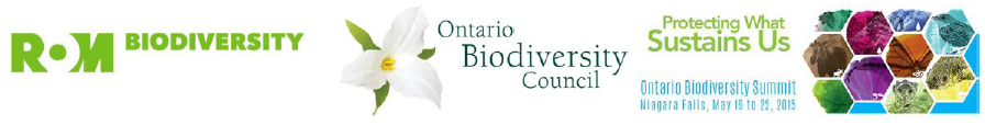 ROM Biodiversity logo with green and brown text. Ontario Biodiversity Council logo with a green leaf design and text. Ontario Sustain Us logo with a green and yellow sun and text.
