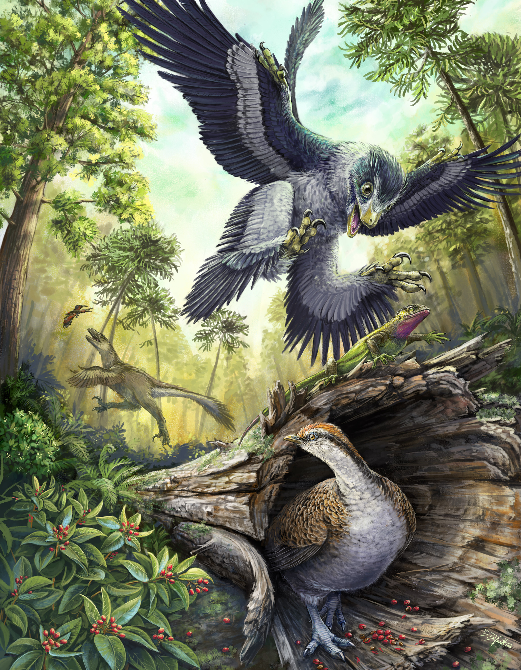 A number of bird-like dinosaurs reconstructed in their environment in the Hell Creek Formation at the end of the Cretaceous. Credit: Danielle Dufault. hellcreektheropods_ROM2016_15159_11 pieces of Paleoart that bring the past back to life!