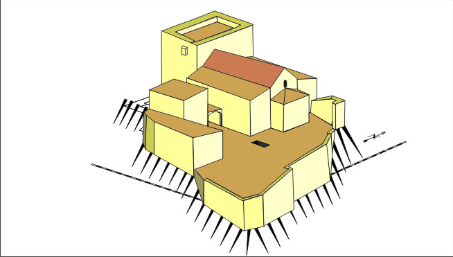 Illustration of a multi-level beige and brown building with flat roofs and several rectangular sections.