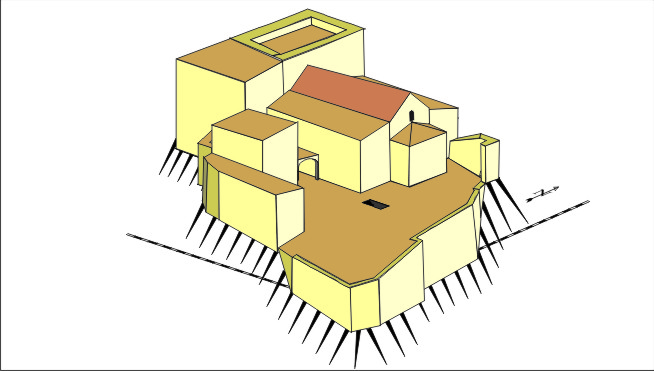 Simplified architectural 3D model of a multi-level building with beige walls and brown roofs.