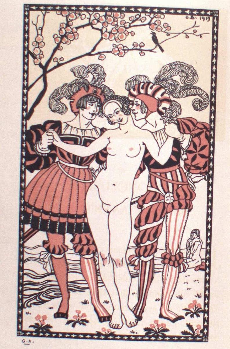 A black and pink illustration of two people dressed in Renaissance-style clothing standing on either side of a nude woman.