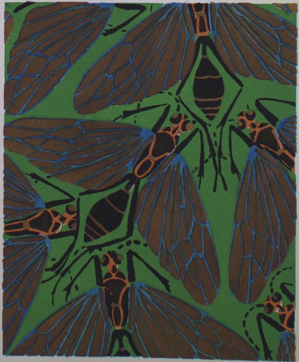 Illustration of several cicadas with dark brown bodies, red eyes, and blue-veined wings on a green background.