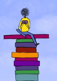 Illustration d'une personne assise les jambes croisées sur une haute pile de livres colorés sur fond bleu.
