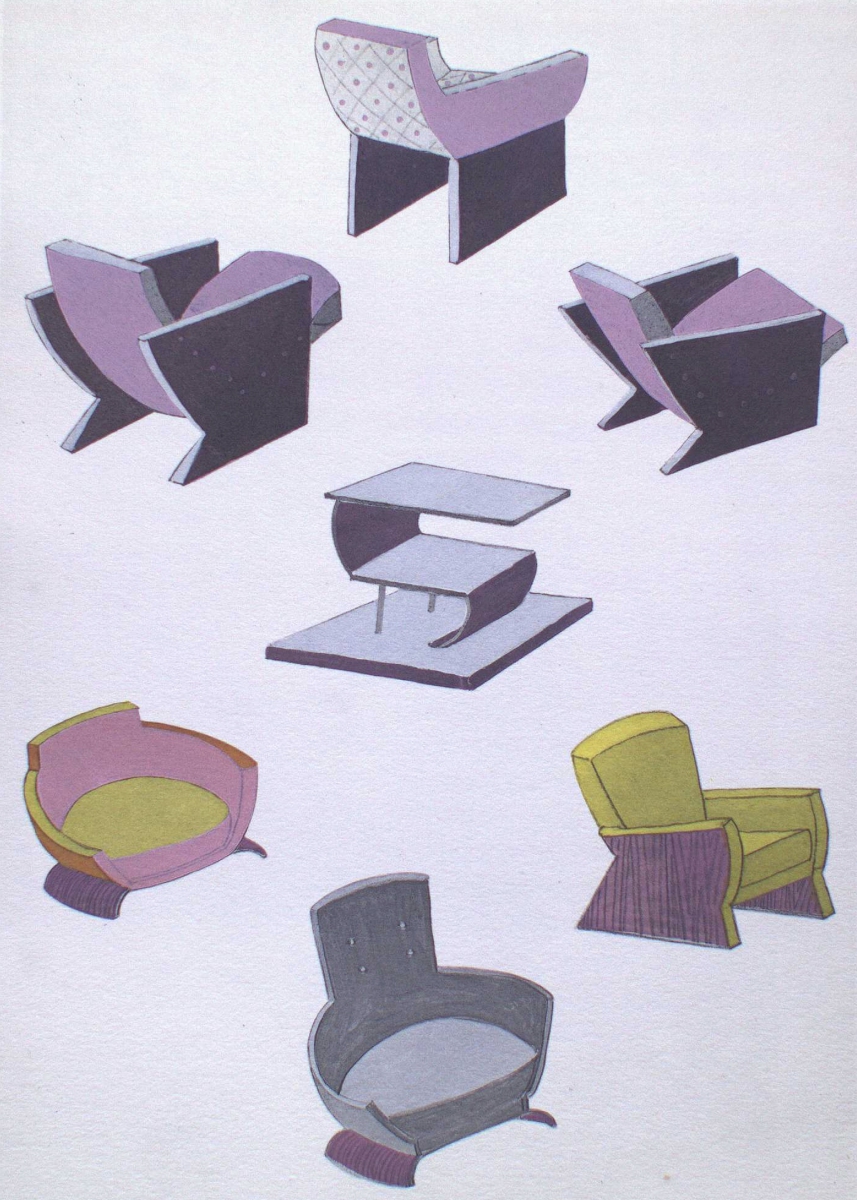Seven stylized abstract chairs in various pastel colors on a light background.