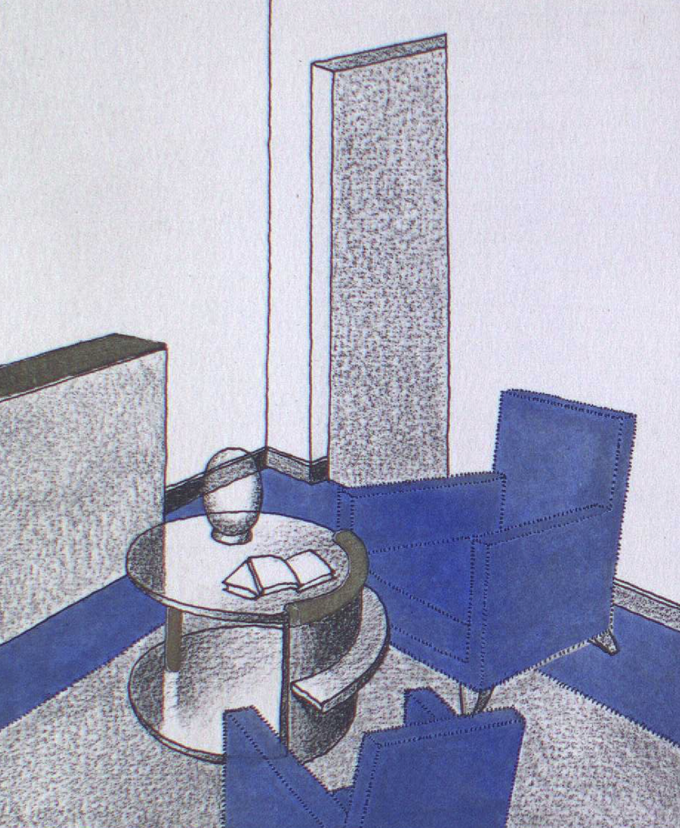 Illustration of a minimalist room corner with a round table, two blue chairs, and a tall window or door with patterned glass.