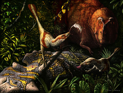 No visible text; depiction of three dinosaurs near a river in a lush, green prehistoric forest.