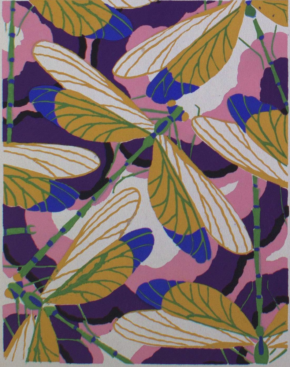 Pattern of large dragonflies with yellow, green, and blue wings on a purple and blue background.
