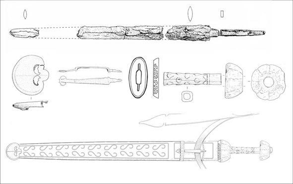 Line drawing of a disassembled spear with multiple parts and detailed sections shown.