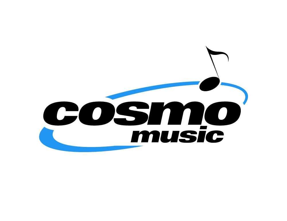 cosmo music logo with black and blue stylized lettering and a black musical note above the letters o and s