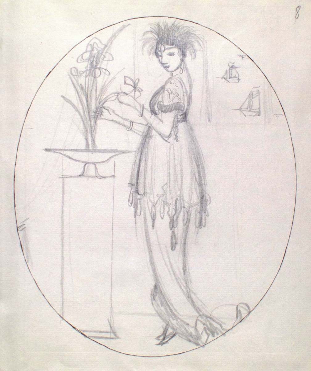 Sketch of a young woman in a tattered dress standing next to a tall vase with flowers within an oval frame.