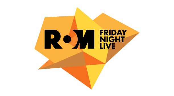 ROM FRIDAY NIGHT LIVE logo with black text on an orange geometric shape background.