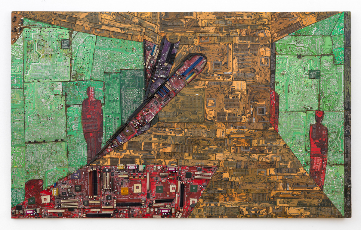 Mixed-media artwork with two red human figures on green backgrounds and a mechanical arm reaching across a textured gold and bronze surface.