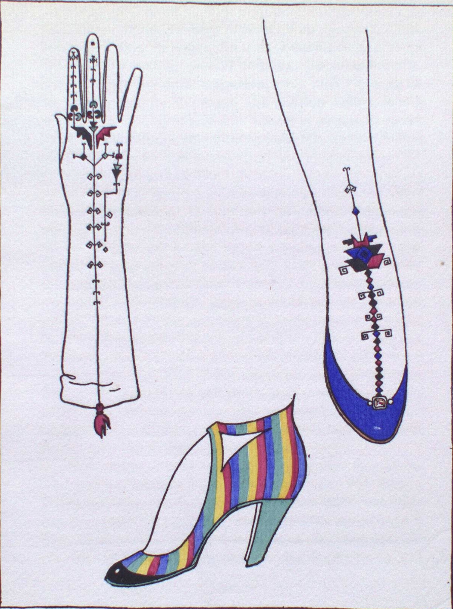 Illustration of a long glove with measurements marked, a high-heeled shoe with colorful stripes, and a foot with marked points.