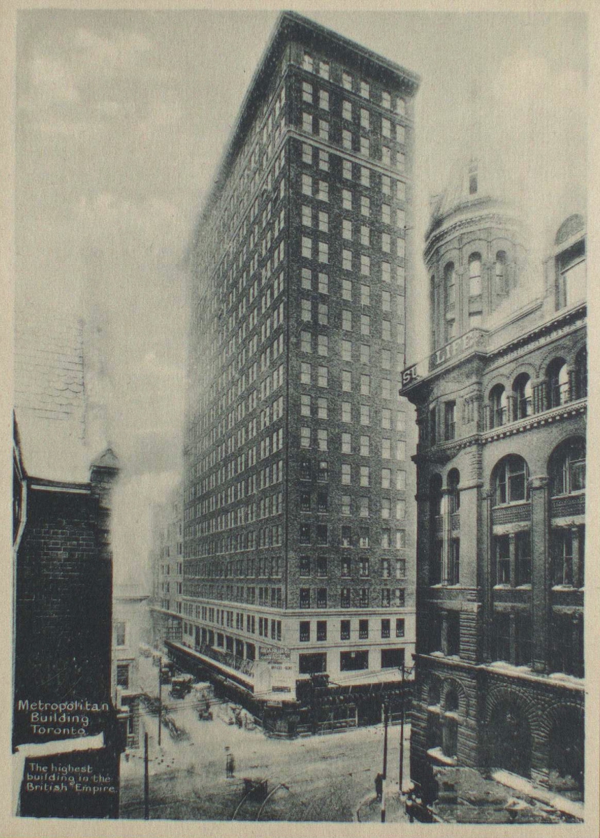 The illustration shows the King Edward Hotel in the background with the Administration Building in front on a busy city street.